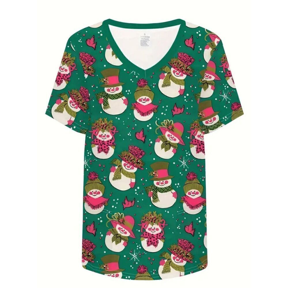 Christmas Scrub top Women’s size Large 12 Snowman Christmas tree Nurse healthcar